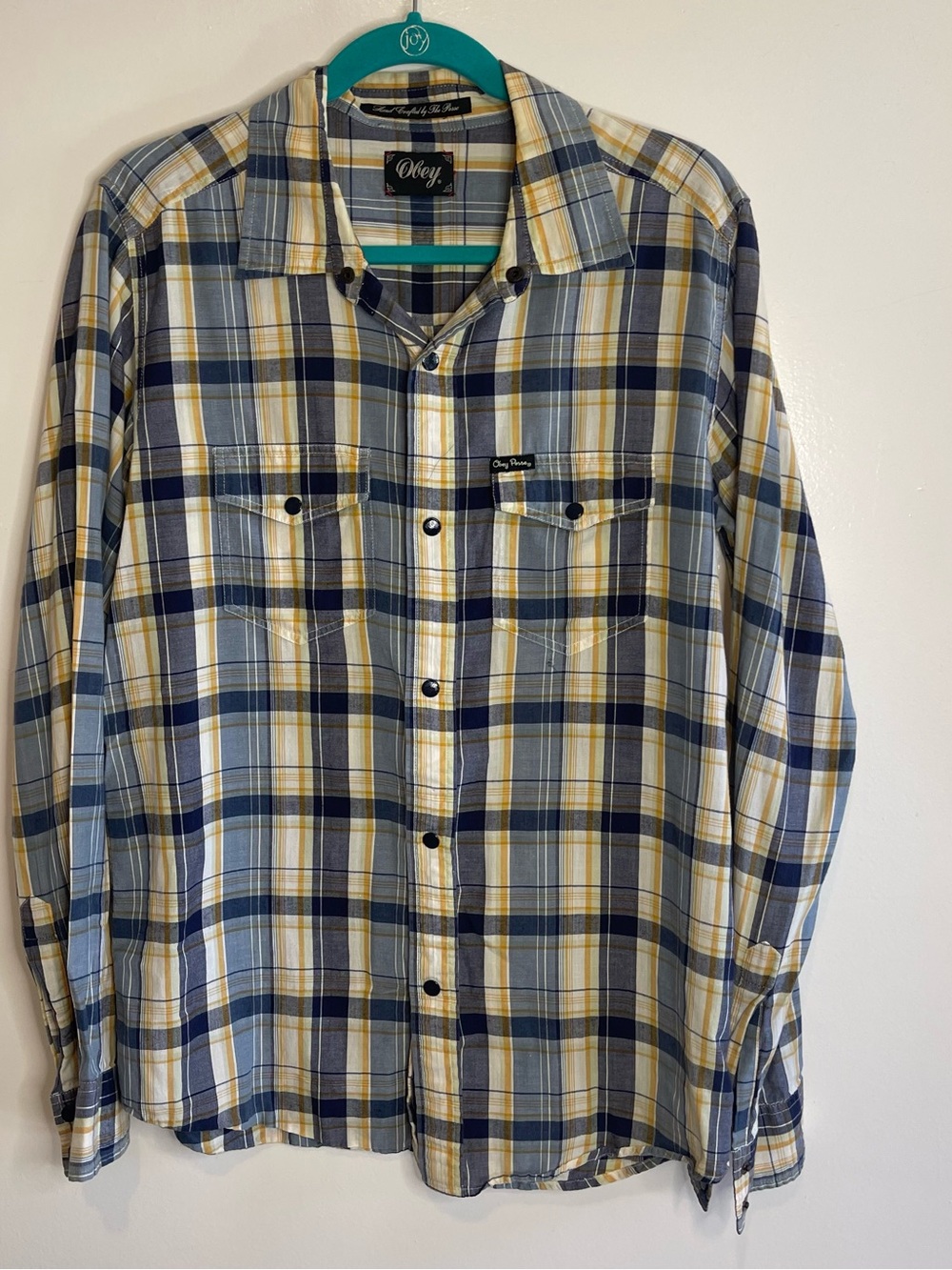 Men's Obey Button Up Long Sleeve Shirt Plaid Blue Yellow Collar Size Medium